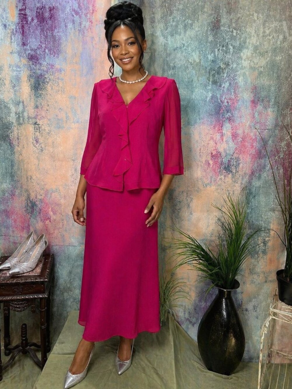 📌 cynthia howie Retro Silk Skirt Set Top & Skirt